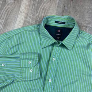 Victorinox Shirt Mens Size Large Green Stripe Cotton Nylon‎ Blend Lightweight